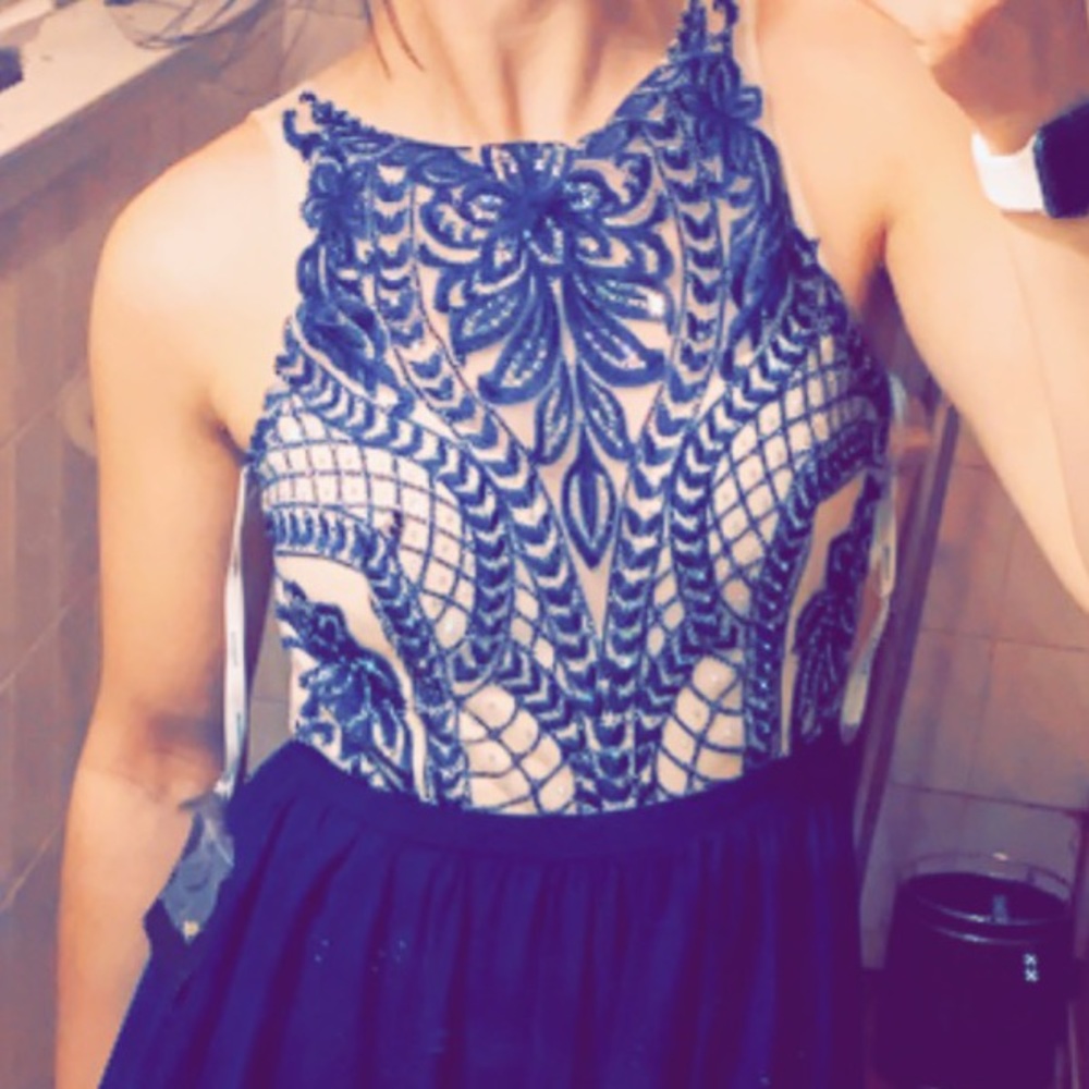 Navy Mesh Top Maxi Dress with Sequins